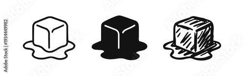 Melting ice cube icon set, Thawing frozen water symbol, Climate change or refreshing drink concept vector illustration.