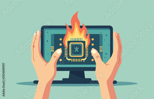 computer chip programma con mani monitor che rotto o da sistemare o rubare in fiamme , vettoriale 