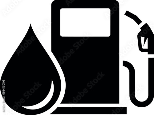 A black and white illustration of a gas station pump with a droplet of fuel