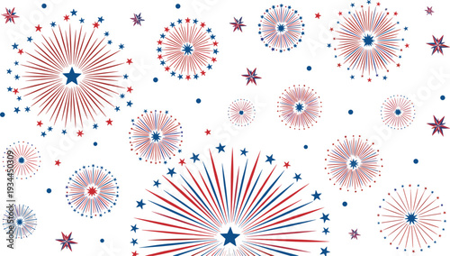 Large collection of patriotic red white and blue firework bursts and star sparkles for Fourth of July and Independence Day celebrations