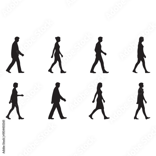 Silhouettes of people walking in various poses a visual representation of motion