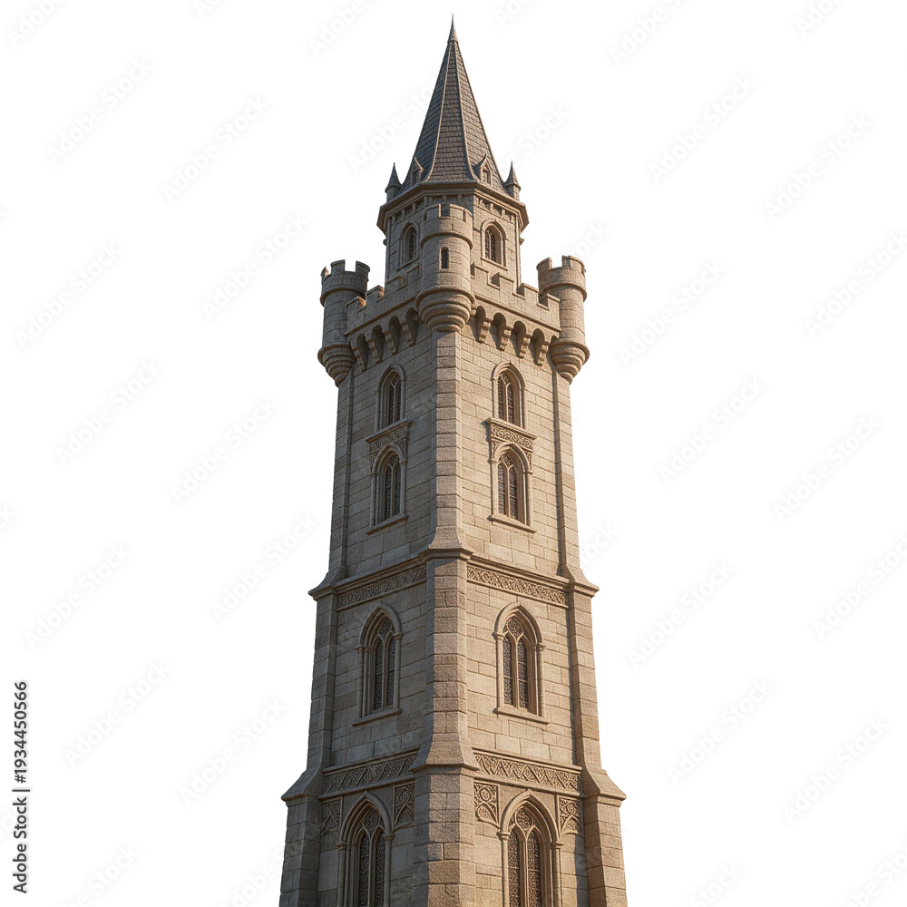 Fototapeta premium Medieval Stone Tower with Spire and Turrets