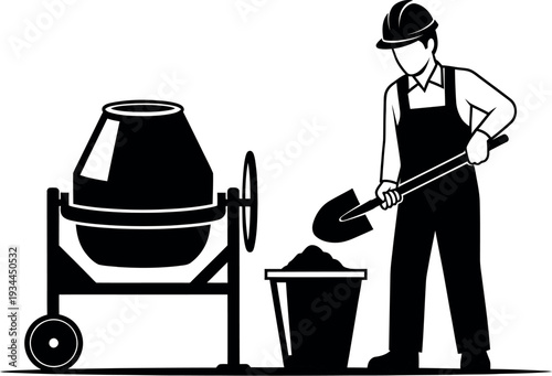 Construction worker pouring concrete from a mixer into a bucket.