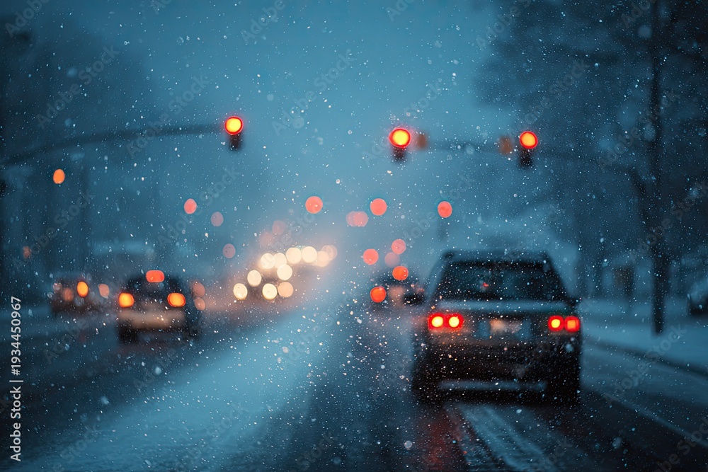 Obraz premium Snowy, blurred, urban road with traffic lights and car taillights