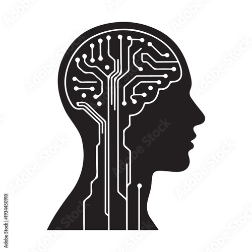 A human head silhouette combined with integrated circuit board patterns inside