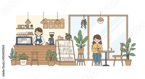 A cozy cafe interior with a barista and a customer enjoying coffee