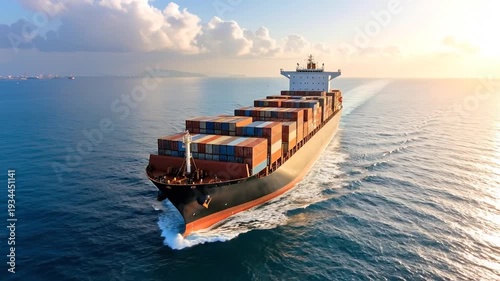 Large cargo ship sailing across the ocean, transporting goods and containers during the day.
