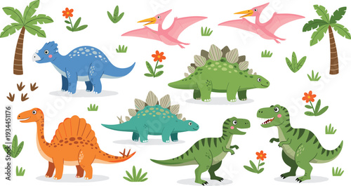 Cute cartoon dinosaurs with tropical plants colorful vector illustration set