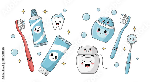 Cute cartoon toothbrushes and toothpaste with smiling faces for dental care