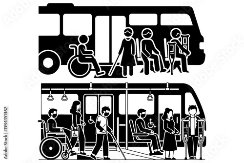 Accessible Public Transport Solid Icon Diverse Disabled Passengers Vector
