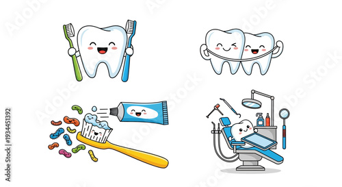 Cute cartoon dental illustrations for healthy smiles and hygiene