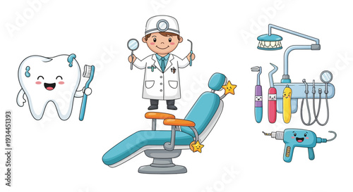 Friendly dentist with tooth and tools in modern clinic