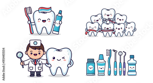 Friendly dentist cartoon characters promoting oral hygiene with smiling teeth