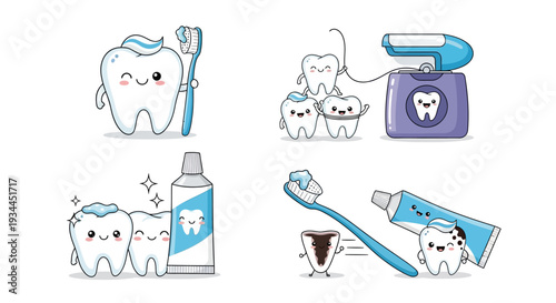 Cute cartoon teeth characters promoting oral hygiene with toothbrushes and toothpaste