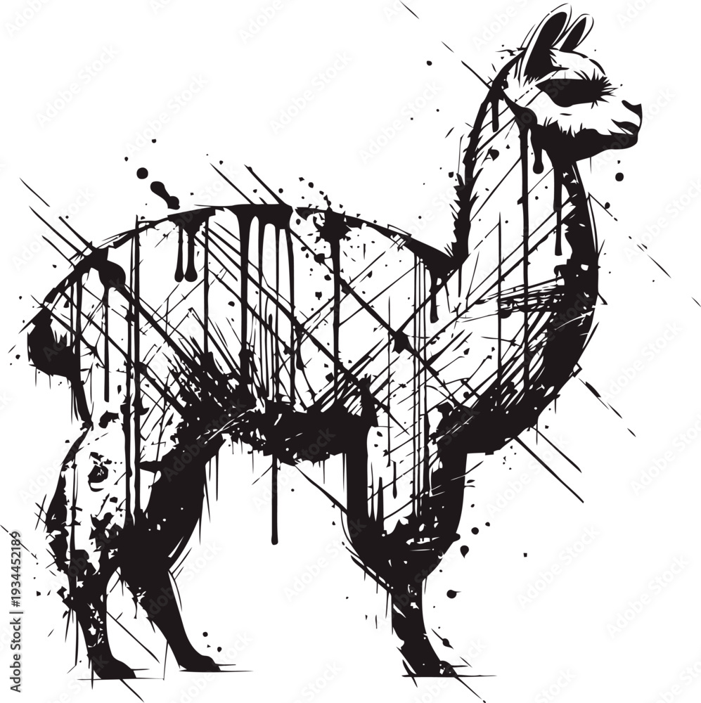 Obraz premium Black ink splatter llama silhouette with artistic paint drips and rough brush strokes design