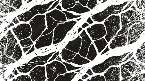 Abstract black and white textured pattern with irregular shapes and grainy effect