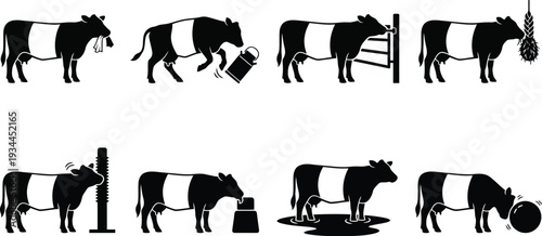 Illustration of a cow engaging in various farm activities, showcasing milking, grazing, and interacting with farm equipment in a playful style.
