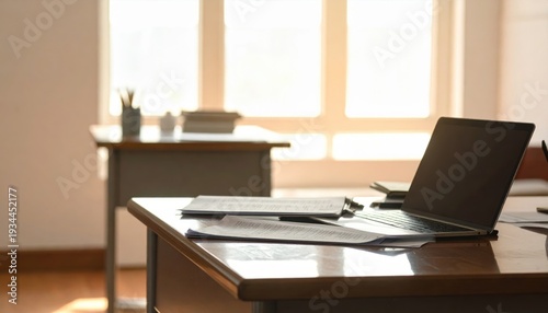 Modern Office Workspace with Laptop and Documents in Bright Room