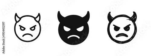 Angry Devil Face Icons Set. Evil Demon Emoji Symbols in Outline, Solid, and Doodle Styles.