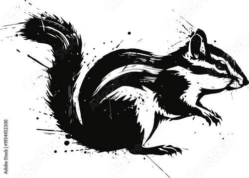 Black and white chipmunk illustration with ink splatter effect, wild rodent sketch art, nature wildlife design