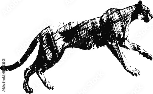Abstract black and white tiger illustration with rough sketch and dynamic walking pose