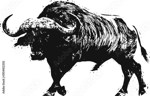 Strong buffalo silhouette in motion powerful wild animal with curved horns, detailed fur texture nature wildlife concept