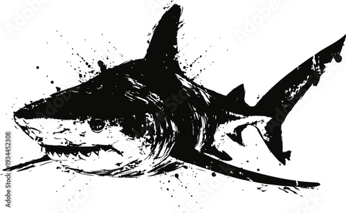 Dynamic black ink illustration of a great white shark with splatter effect, ocean predator, sea wildlife design