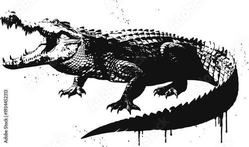 Black and white crocodile illustration with open mouth and dripping paint effect