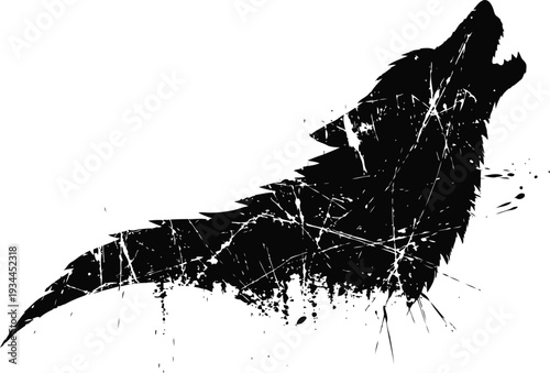 Grunge silhouette of a howling wolf with splatter and scratch textures on a white background