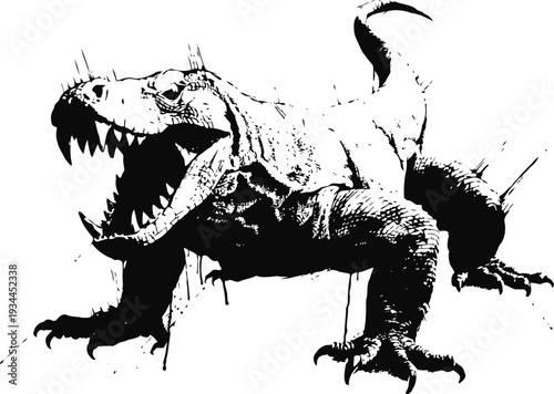 Black and white t rex dinosaur illustration with dripping paint effect, fierce prehistoric animal design