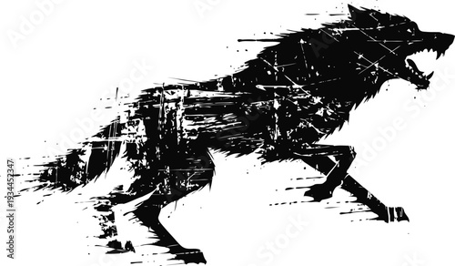Fierce running wolf silhouette with dynamic distressed grunge effect in black