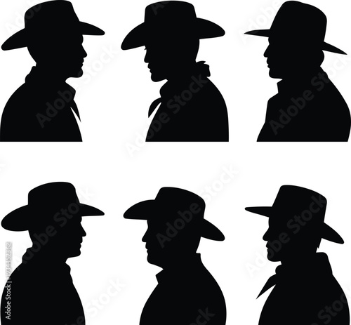 Collection of six distinct black silhouette profiles of cowboys wearing hats and scarves isolated on transparent background