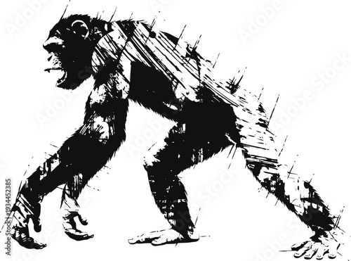 black and white artistic sketch of gorilla climbing, dynamic wildlife illustration with abstract lines