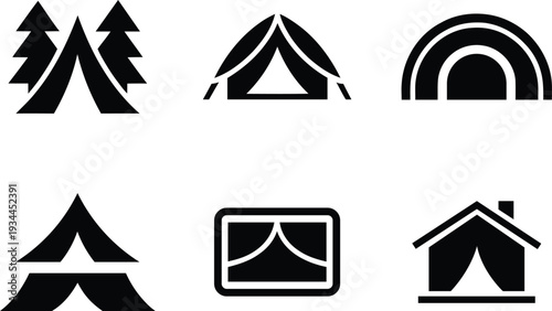 Collection of simple black camping tent icons and outdoor shelter symbols for travel and recreation design