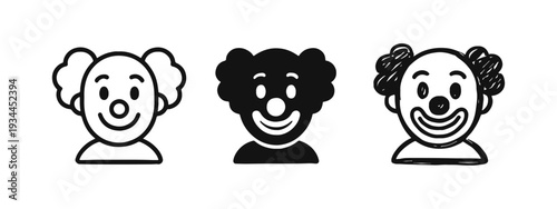 Happy Clown Face Icons Set. Circus Performer Emoji Symbols in Outline, Solid, and Doodle Styles.