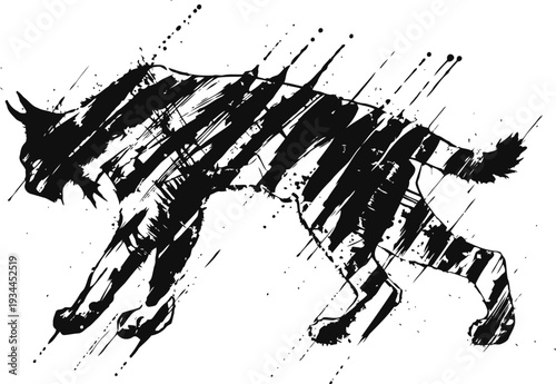 abstract black lynx silhouette with artistic diagonal streaks wildcat illustration, dynamic animal shape, wildlife design