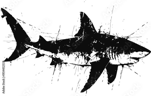 Great white shark silhouette with artistic splatter effect in black and white illustration