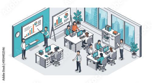 Isometric illustration of a modern office space with employees collaborating