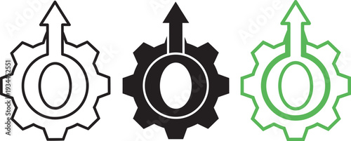 Gear icons with arrows indicating progression and growth in mechanical systems