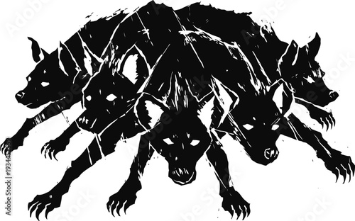 three headed black dog with fierce glowing eyes in aggressive stance