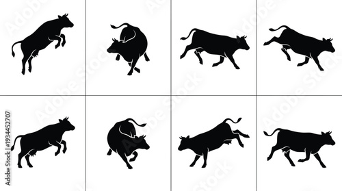 Dynamic silhouette illustrations of jumping and running cows in various poses for agricultural or animal-themed projects