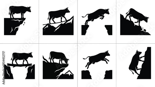 Silhouette of a cow navigating various terrains, illustrating movement and agility in a series of minimalist designs