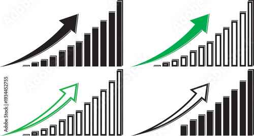 Collection of four bar graphs with arrows indicating growth and trends in data analysis and business statistics