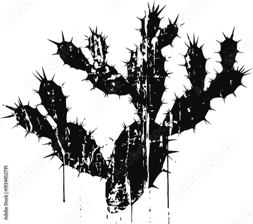 Black ink cactus silhouette with spines and dripping paint effect on white background