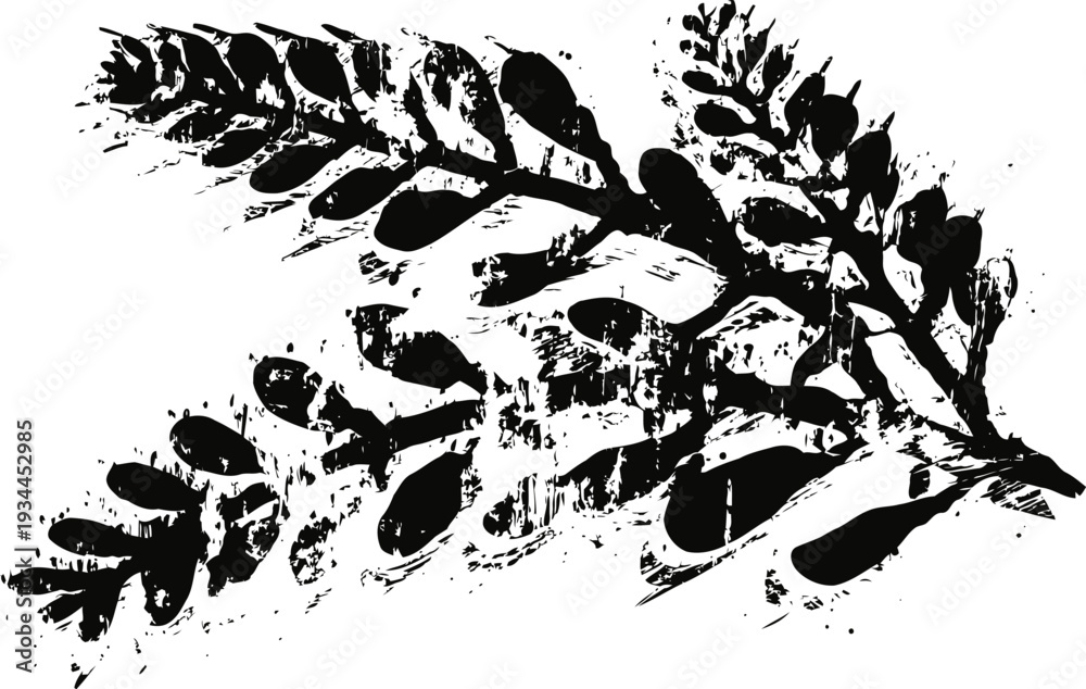 Naklejka premium Abstract black and white botanical print with textured leafy branches on white background