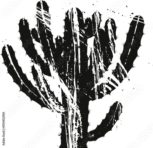 Grunge saguaro cactus silhouette with rough textured design on white background