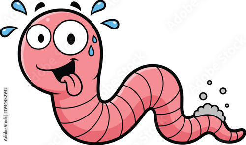 Funny pink cartoon worm character with silly expression, cute vector illustration isolated on white background