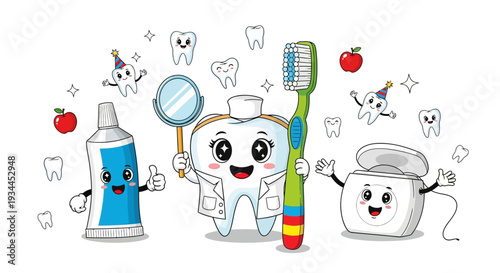 Colorful cartoon tooth character with toothbrush and toothpaste celebrating dental health