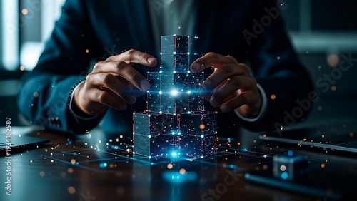 Businessman Hands Building a digital data blocks illustrating Digital Transformation,  Futuristic Data Structure., Future Solution, Future Innovation and Future Artificial Inteligence Blockchain.