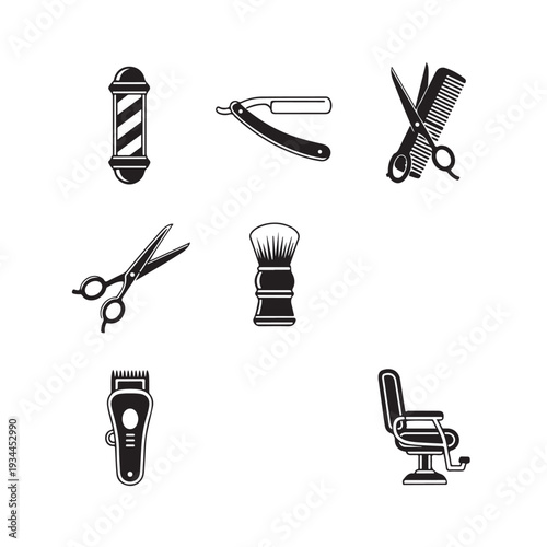 Barber Tools and Equipment in Simple Black and White Illustration Style for Salon Branding